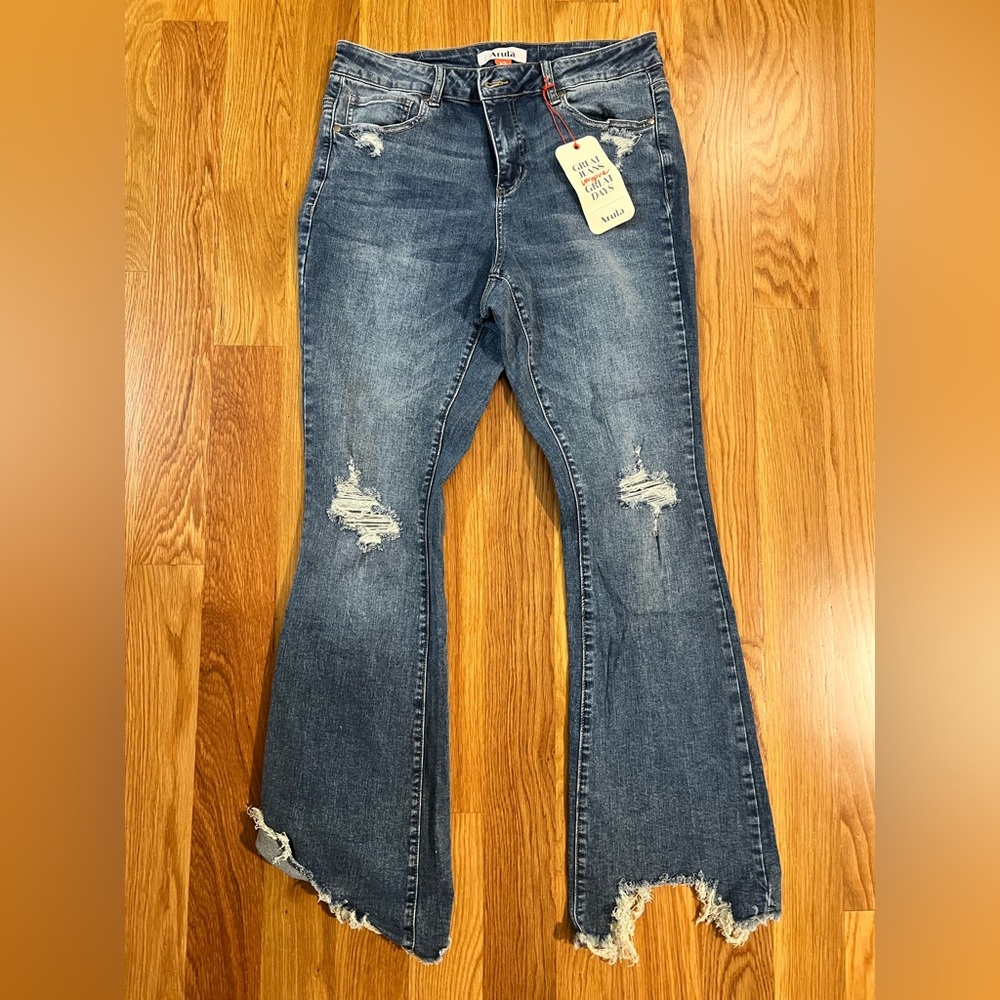 ARULA Blue Flare Wide Leg Jeans Distressed